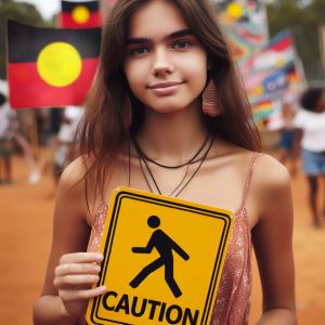 Person holding a caution sign.