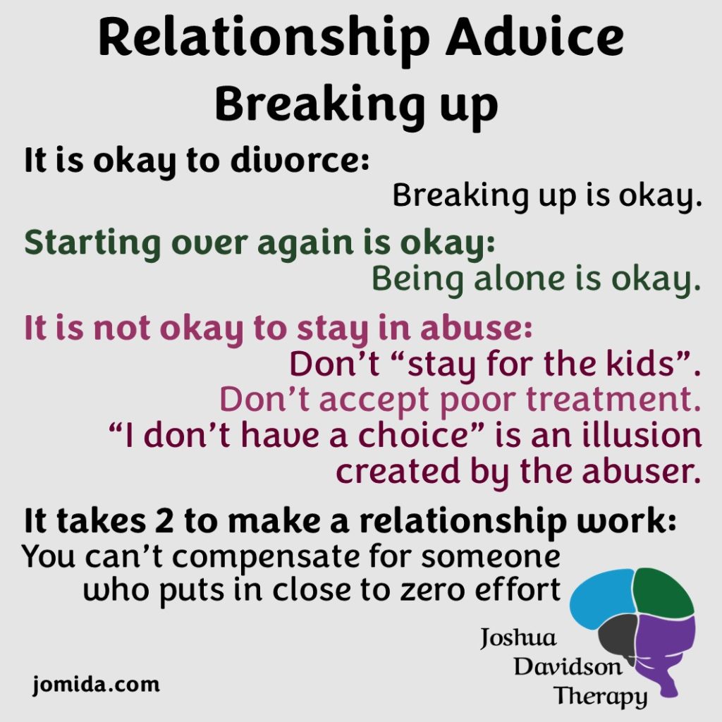 It is okay to divorce: Breaking up is okay
Starting over is okay: Being alone is okay.
It is not okay to stay in abuse:
Don't "stay for the kids".
Don't accept poor treatment.
"I don't have a choice" is an illusion created by the abuser.