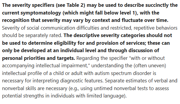 Autism Severity Specifier Table 2 text. Described in the body of the article.